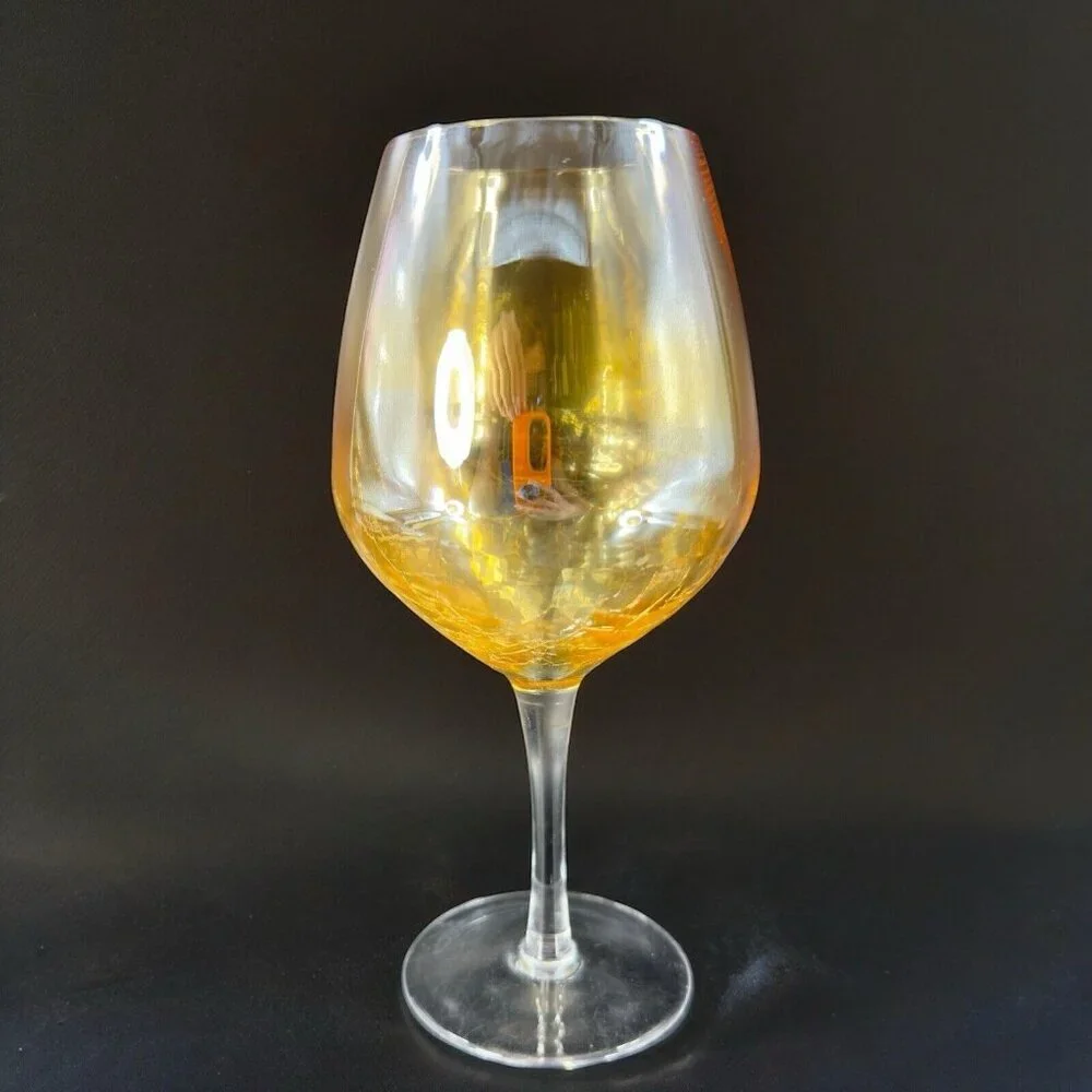 Pier 1 Glass Balloon Goblet Yellow Luster‎ Finish Crackled Glass Top Single 1